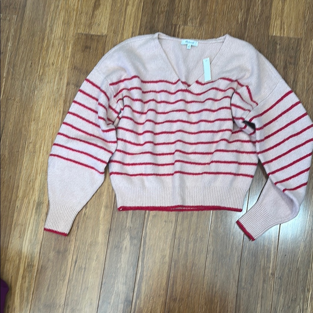 Madewell Cream and Red V-Neck Sweater NWT